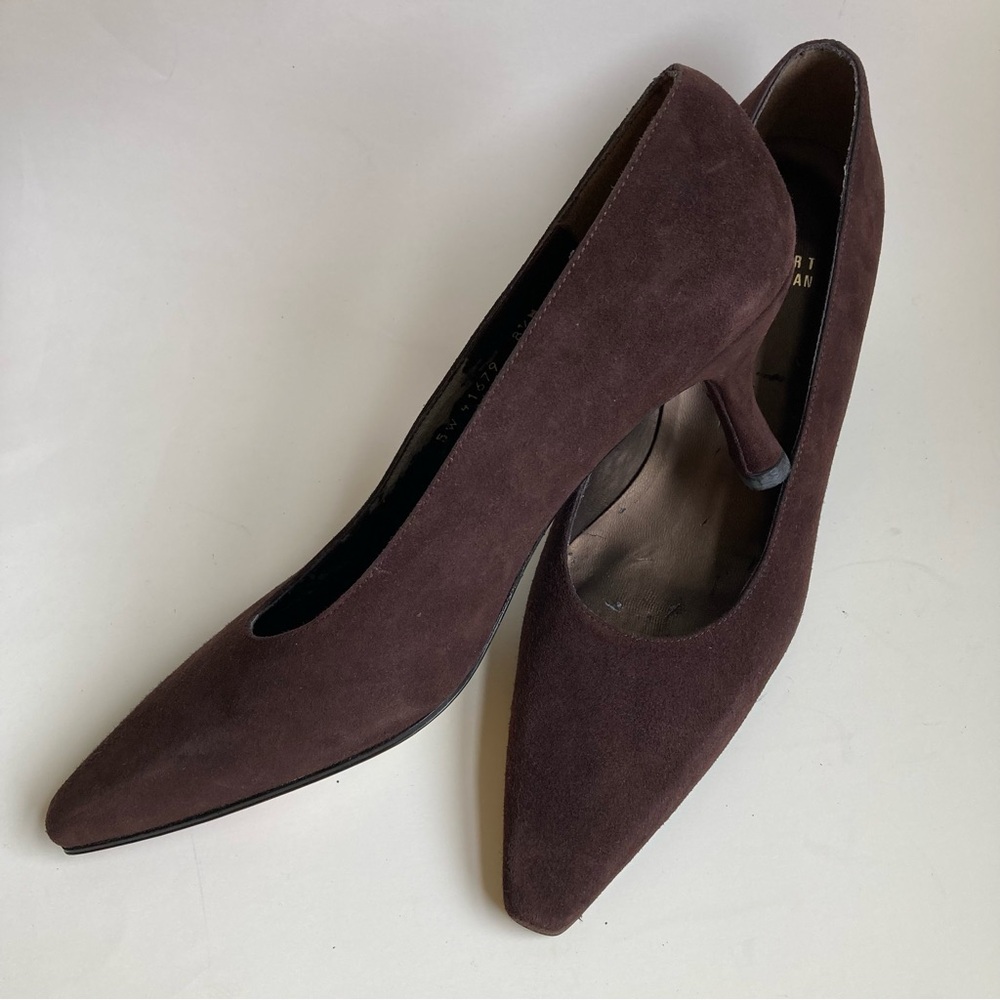Stuart Weitzman Cola Brown Suede Leather Soled Pointed Toe Kitten Heel Pumps 8.5 - Picture 4 of 14